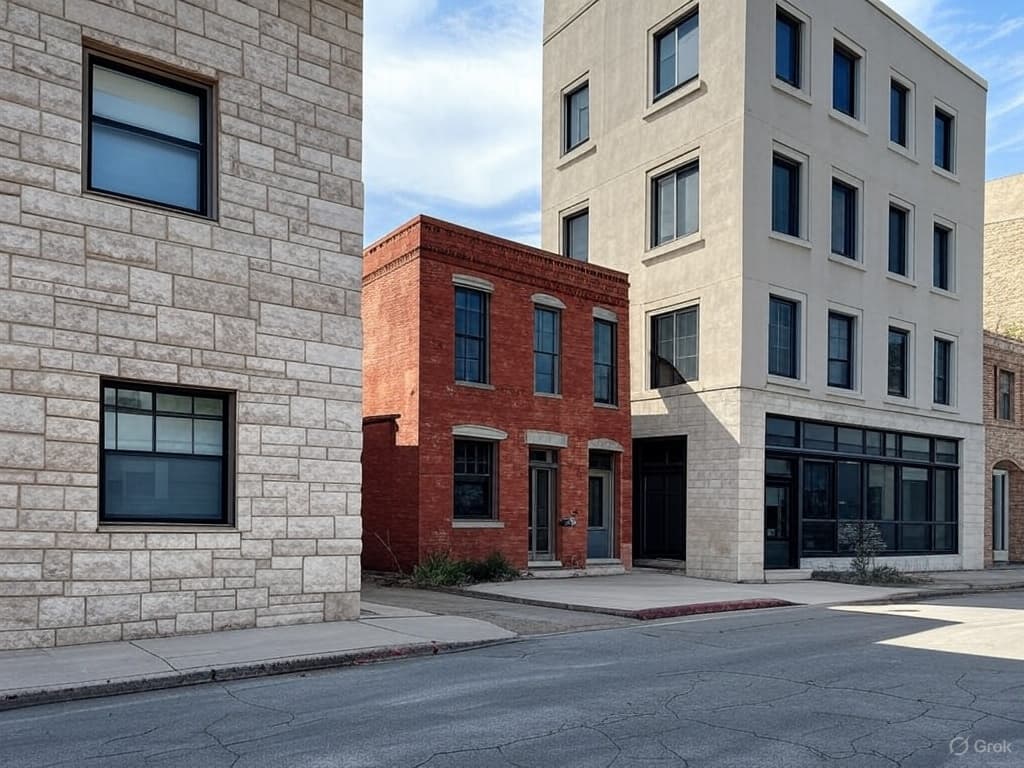 A residential home in Dallas, TX showcasing a split design with one half built from brick and the other from natural stone masonry