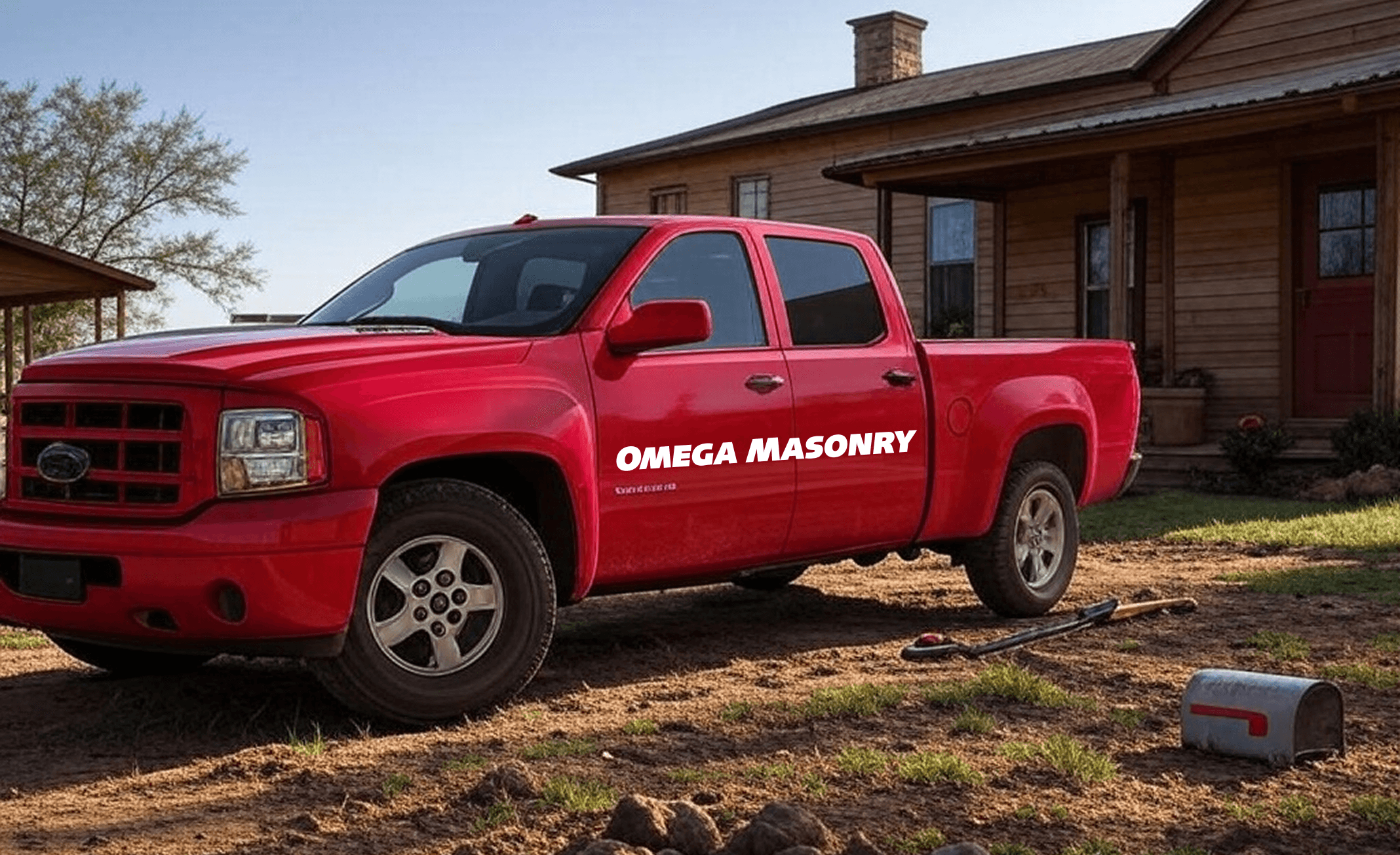 Omega Masonry team performing tuckpointing on a brick chimney in Rockwall, TX