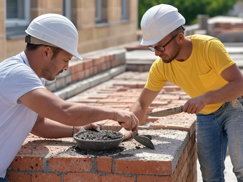 Two Persons Working on Brick Repair