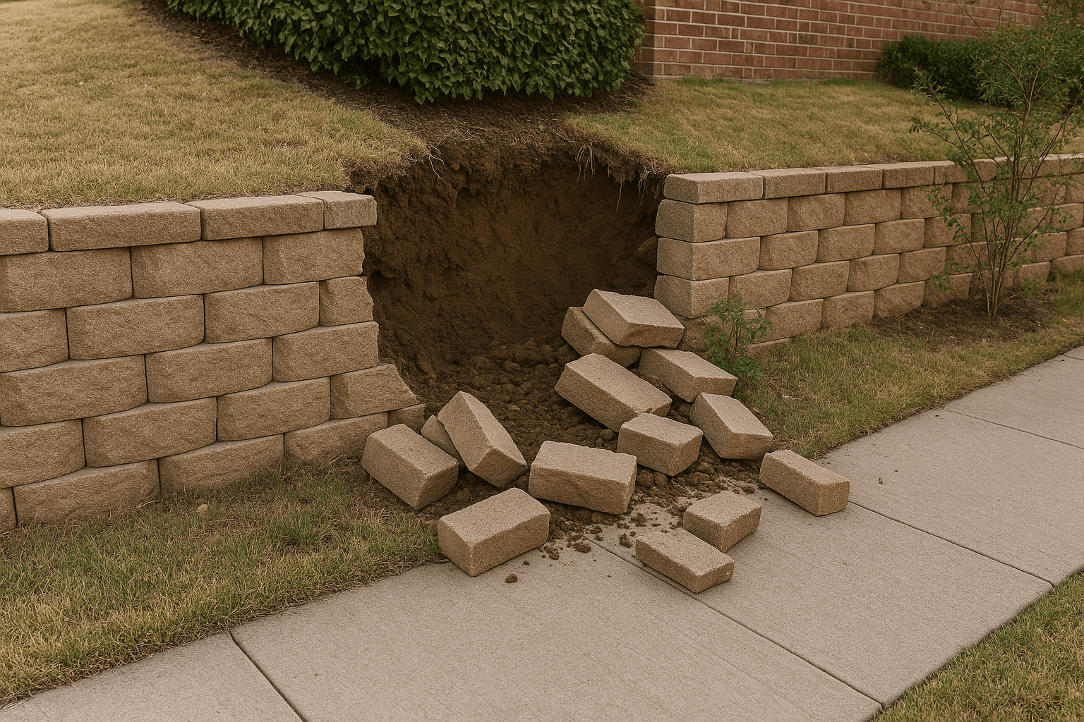 Before and after photos of stone retaining wall restoration in Richardson, Texas