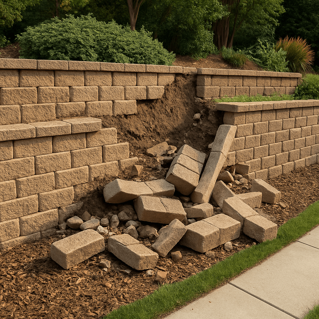 Before and after photo of a stone retaining wall restoration in McKinney, Texas