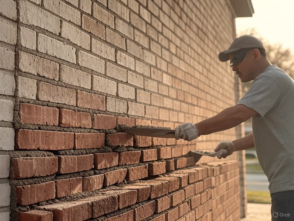 Close-up of tuckpointing work on a brick wall by Omega Masonry in McKinney, TX